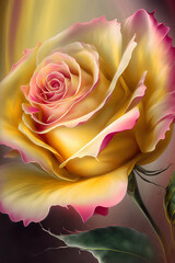 Beautiful pink and yellow rose in realistic painting art style, close up view	