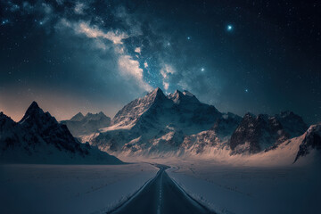 Amazing night sky with a mountain range in the center that is covered in snow and a road that is poorly illuminated. Generative AI