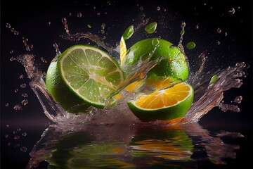 lime and lime slices falling into a water splash © vuang