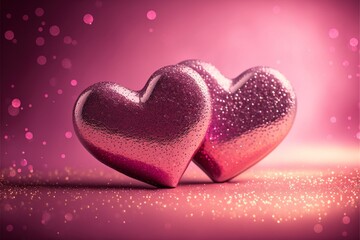 Fototapeta premium Two Hearts On Pink Glitter In Shiny Background