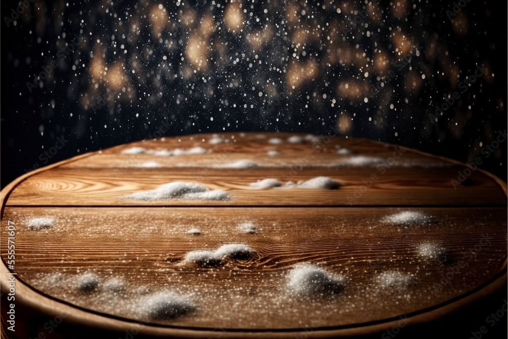 Sticker wooden table with snow texture background