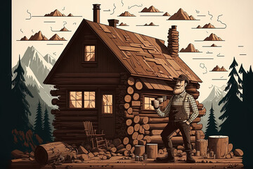 Cartoon illustration of a lumberjack taking a coffee break in front of a log cabin dwelling with lots of sawn wood. Generative AI