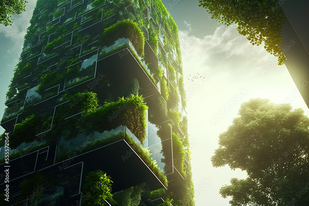 Poster attention on trees and environmentally friendly structures with vertical gardens in contemporary cit