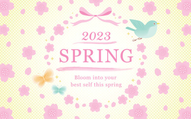 鳥と蝶を飾った和モダンな春の桜の花のベクターフレーム素材_黄色