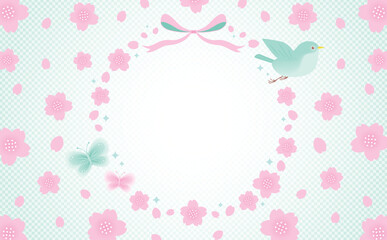 鳥と蝶を飾った和モダンな春の桜の花のベクターフレーム素材_緑_文字なし