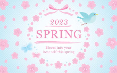 鳥と蝶を飾った和モダンな春の桜の花のベクターフレーム素材_水色