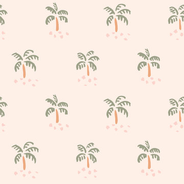 Beautiful hand painted palm tress in sage green and muted orange forming a glorious tropical garden over pink background. Great for home decor, fabric, wallpaper, gift wrap, stationery etc.
