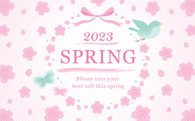 鳥と蝶を飾った和モダンな春の桜の花のベクターフレーム素材_ピンク