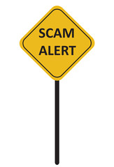 yellow road sign with text of Scam Alert