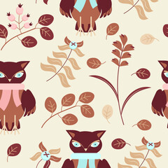 Seamless owl and grass pattern. Vector illustration.