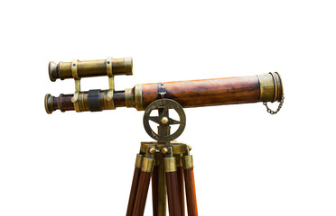 antique brass telescope on white - obrazy, fototapety, plakaty