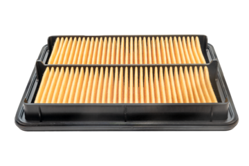 Close up new square car air filter on a white background