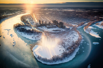 Fototapeta na wymiar Aerial image of the Horseshoe Falls and Niagara Falls City at sunset on a wintery bright day. Generative AI