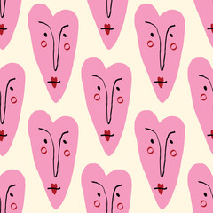 Valentines Day pattern with ugly funky hearts. Groovy cute love characters