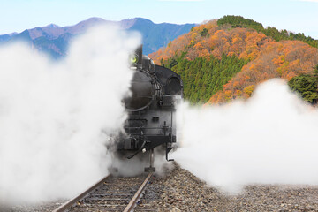 A steam locomotive emitting white smoke with a backdrop of mountains filled with autumn leaves.