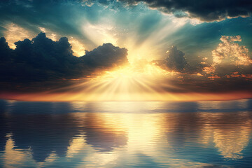 Meditation ocean and sky backdrop, calm sea with sunset sky and light through the clouds, and peaceful seascape horizon over the water. Generative AI
