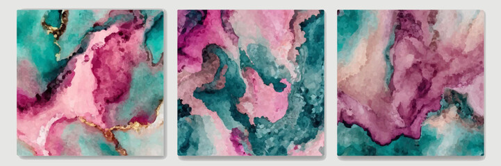Blue and pink waves with gold glitter abstract background set. Fluid splash, swirl, marble.