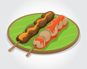 Delicious asian food sate or satay and spicy meatballs steak with stick served on banana leaf plate