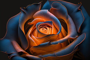 Beautiful Realistic Blue and Orange Rose, closeup view, art graphic wallpaper background