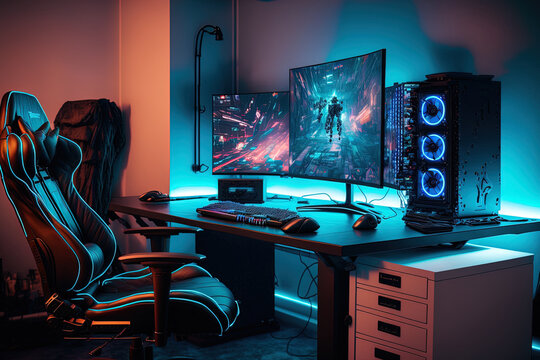 A general view of a professional gamer's home office showing their PC gaming equipment. a monitor with a shooting game, a powerful modern PC with full RGB lighting, and a chair. gaming center for onli