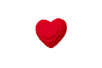 Valentine concept pixel 3d red heart object isolated background for graphic decorate. 3d render.