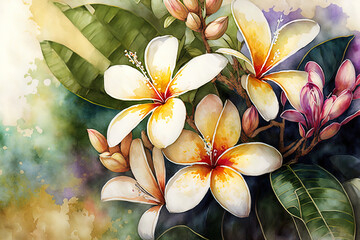 A plumeria adorned watercolor abstract tropical continuous design. Background covered with frangipanis. exotic arrangement. Generative AI