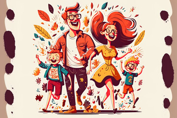 Concept of a happy family, parents, and kids. Walking, playing, spending time together, having fun, and feeling upbeat and joyful are young, smiling parents and kids. cohesion, joy, and a couple
