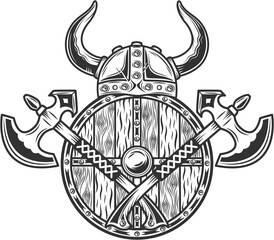 Viking warrior helmet with two axes and shield in vintage monochrome style isolated illustration