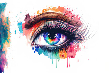 Beautiful illustration of eye makeup. Stunning eye with thick lashes. watercolor hand drawing of a vibrant woman's eye. Concept for a cosmetics line, makeup, and a beauty parlor. Generative AI