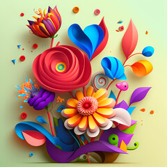 Beautiful Colorful Paper Flower Digital Illustration on A Solid Background (AI)