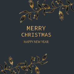 Greeting New Year Christmas card, background with an inscription and a tender branch of winter flowers.