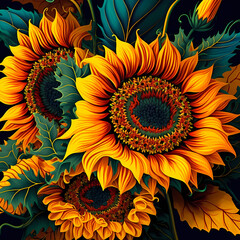 Beautiful Abstract Sunflower Digital Illustration with Vibrant Yellow and Teal Colors (AI)