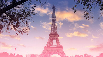 The Eiffel Tower, iconic Paris landmark  as autumn trees park  as Seine river with sunset sky scene in Paris ,France