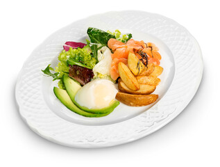Fish dish - fried fish fillet with vegetables on white background