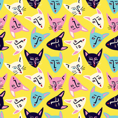 Fototapeta na wymiar Pattern with Funky cat with a lovely face. Freaky comic cat face. Bizarre Valentine's Day pattern