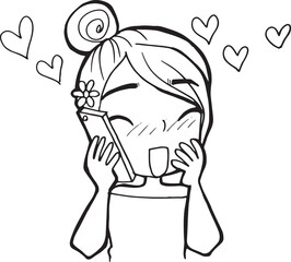 Obraz premium girl talking on the phone cartoon doodle kawaii anime coloring page cute illustration drawing clipart character chibi manga comics