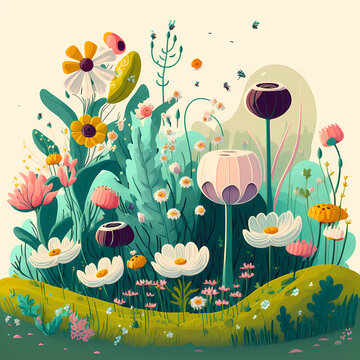Field of Whimsical Colorful Flowers with Poppies, Tulips, Trees, Vector Illustration (AI)