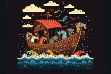 Cartoon artwork of Noah's ark with animals during a storm at sea on a flat color backdrop. Generative AI
