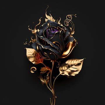 Beautiful fancy gold-plated black rose on a solid background, digital illustration (AI)