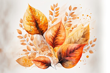 A beautiful orange autumn leaf watercolor backdrop. Generative AI