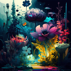 Fototapeta na wymiar A surreal and dreamlike depiction of a flower garden, rendered in a surreal and abstract digital art style, showcasing a sense of otherworldly mystery and magic (AI)