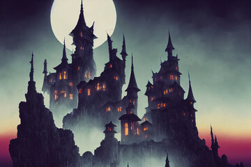 Vector Style Illustration of a Goth Vampire Castle on a High Cliff under a Full Moon. [Digital Art Painting. Halloween Scene.[Sci-Fi / Fantasy / Historic / Horror Background. Graphic Novel, Postcard.] - obrazy, fototapety, plakaty
