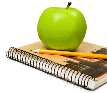 Studio macro of shiny green apple, pencil and new notebook on a white surface. Copy space - Powered by Adobe