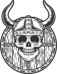 Vintage viking skull with horned helmet and wooden shield monochrome isolated illustration