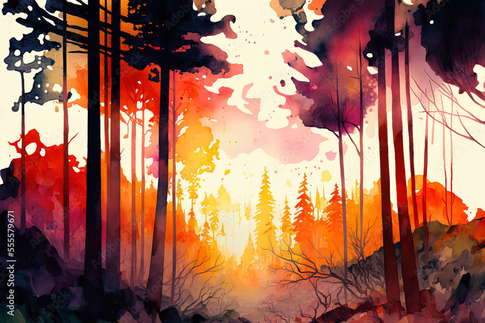 Poster watercolor painting that is abstract. View of a landscape of mixed autumnal forests. the hues of a warm, vivid sunset. Generative AI