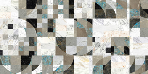 Creative patchwork pattern stone ceramic wallpaper design. White marble