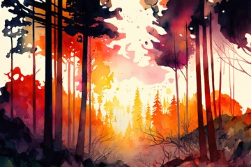 Peel and stick wall murals Rood violet watercolor painting that is abstract. View of a landscape of mixed autumnal forests. the hues of a warm, vivid sunset. Generative AI