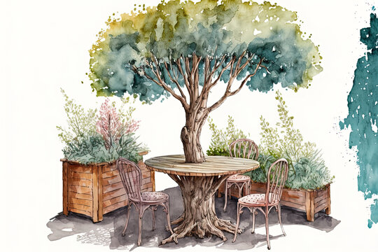 A Wooden Table And Chair For A Terrace. Illustration Of Outside Trees In Boxes, Vintage Garden Furniture, And Watercolor Hand Painted Cafe Furniture Design Isolated On White. Generative AI