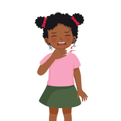 Cute little African girl suffering from sore throat touching her swelling and painful neck as symptoms of flu and allergy