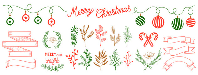 Fototapeta premium Set Christmas elements. Plants, branches, ribbons, balls and stars vector. Drawing beautiful decorative set with Christmas elements and lettering. Vector illustration.